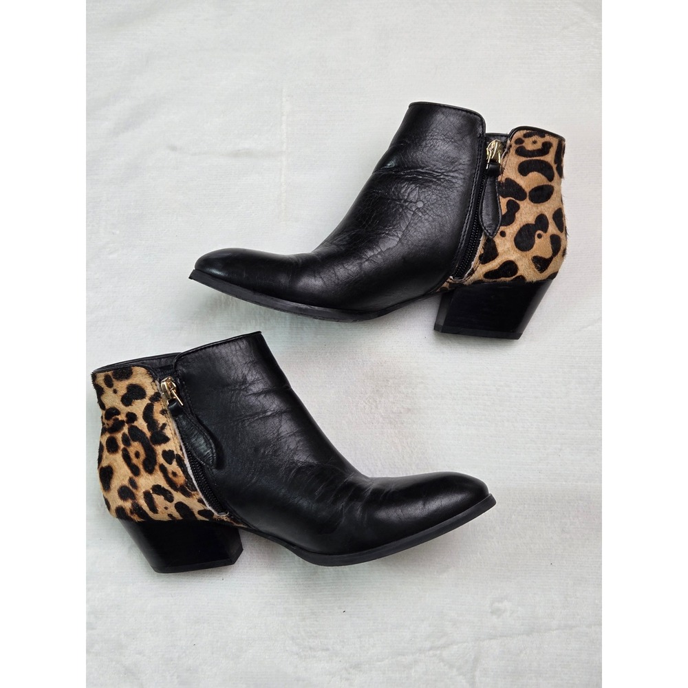 Franco Sarto Quasar Black Leather Leopard‎ Calf Hair Ankle Boots 6M Pointed Toe